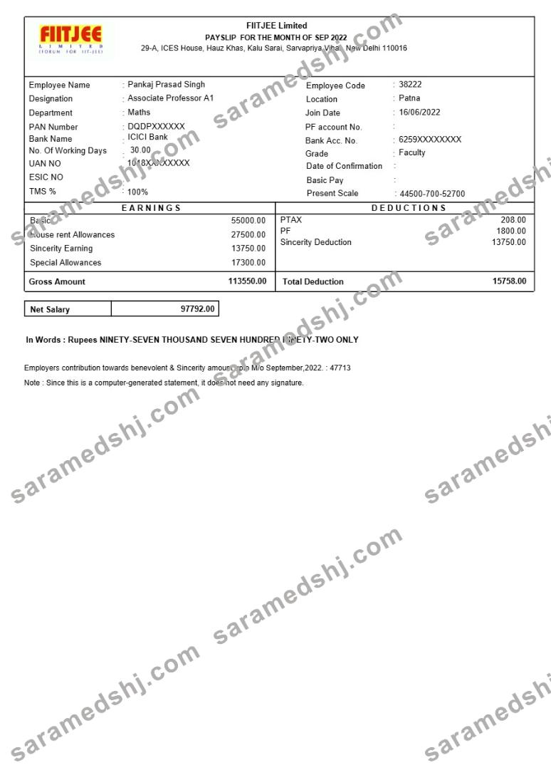 FIITJEE education center payslip template in Word and PDF formats.pdf, 1